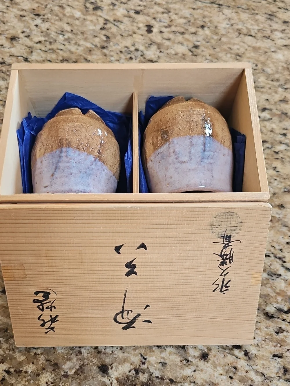 Vintage original Hagi Ware Japanese Sake Cups Pair in Signed Wooden Box not used